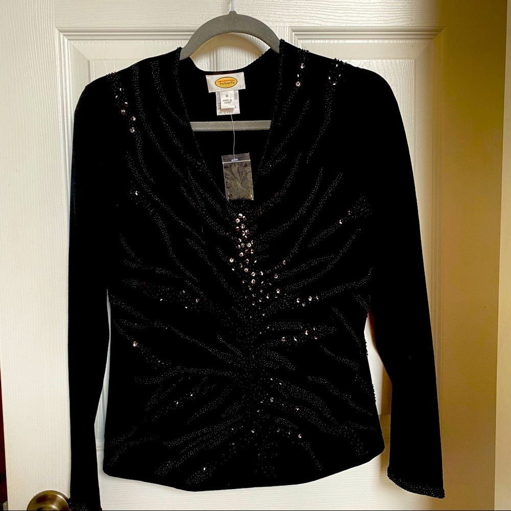 Talbots Dressy Black Beaded & Sequined V-neck Long sleeved Sweater Size M NWOT